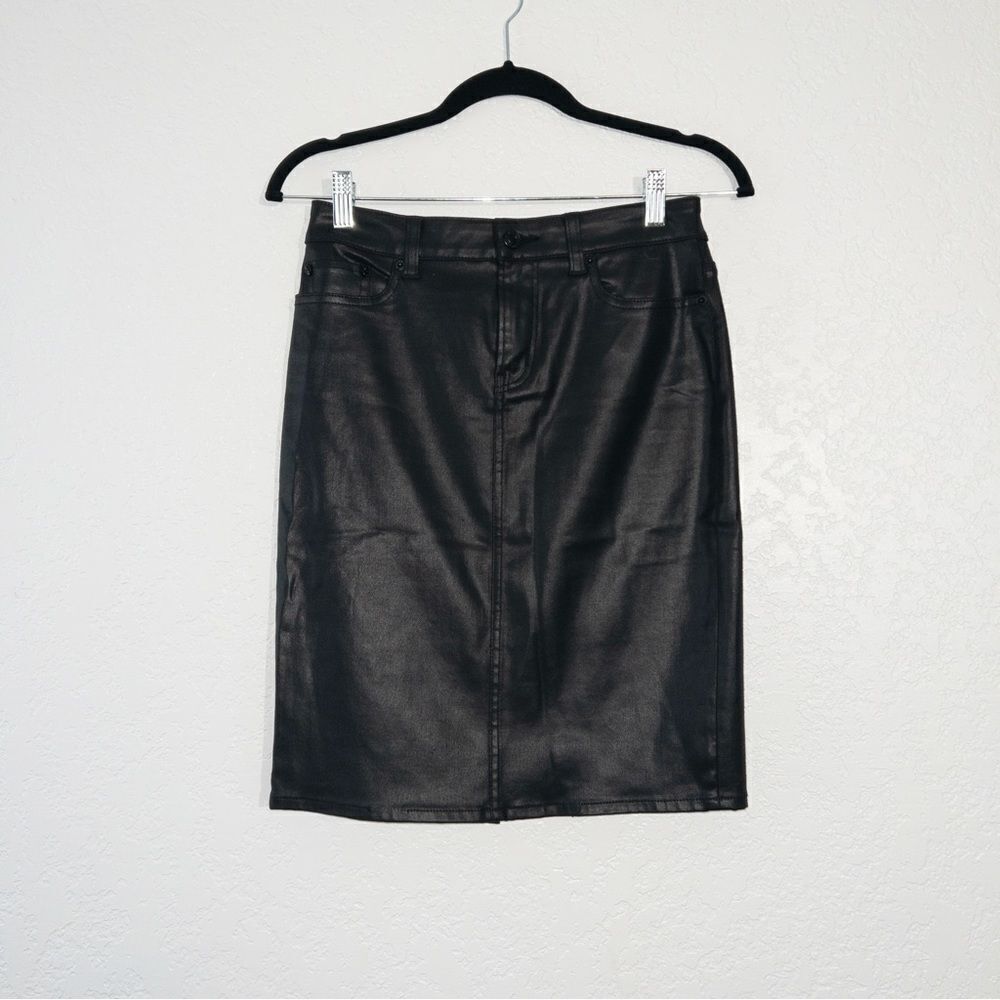 New The Kooples Black Leather Effect Denim Pencil Skirt Size 26
